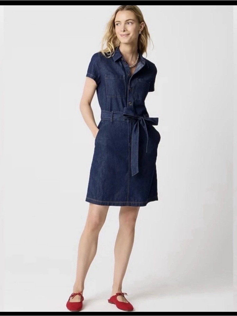 J.CREW Women's Denim Utility Mini Dress Dark Wash Short Sleeve Size 16